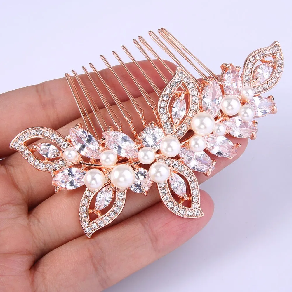 "Cleo" - Pearl and Crystal Bridal Hair Comb - Available in Rose Gold and Silver