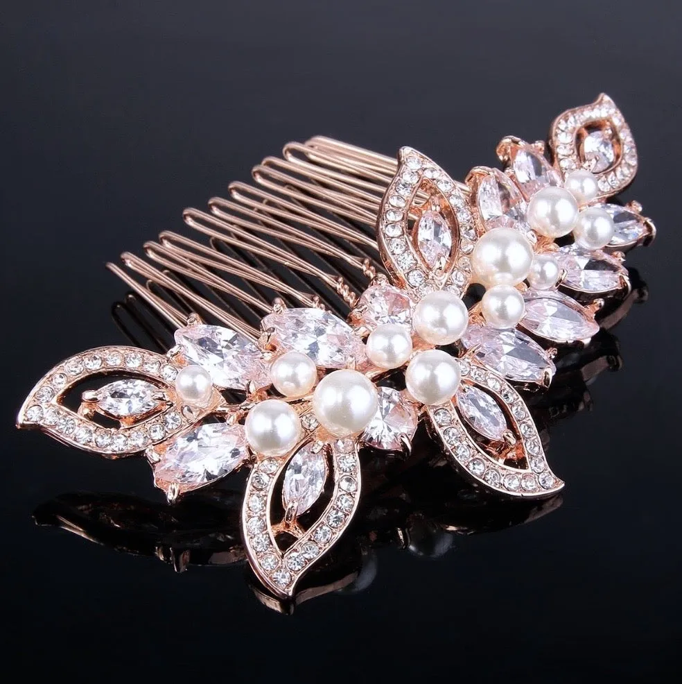 "Cleo" - Pearl and Crystal Bridal Hair Comb - Available in Rose Gold and Silver