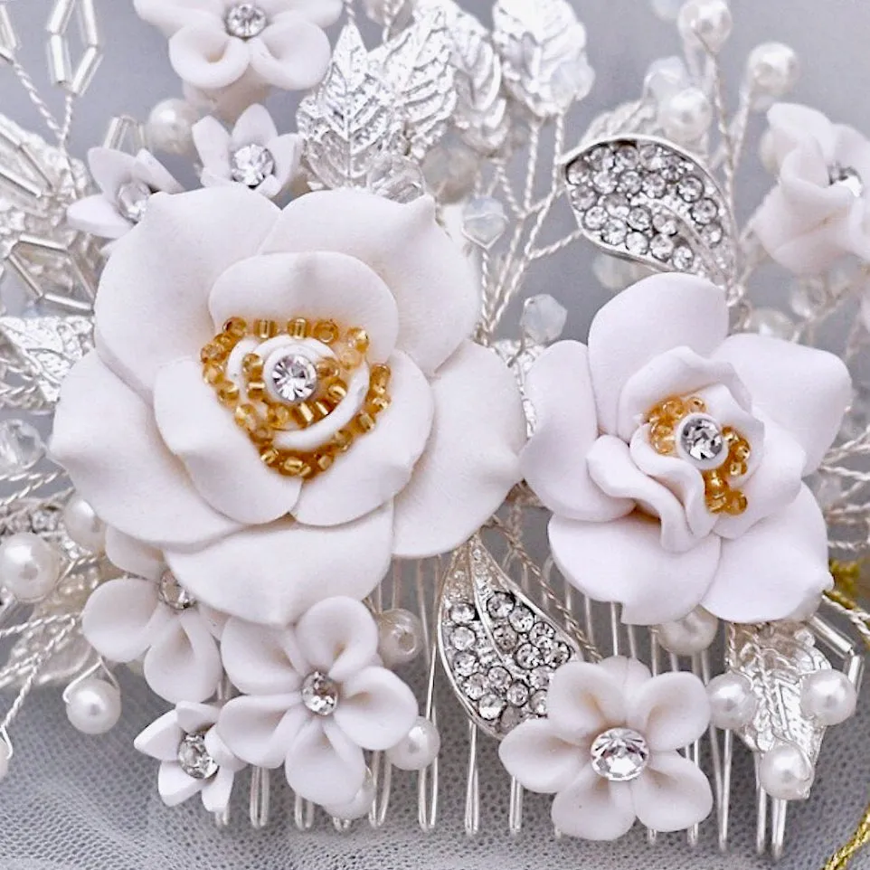 "Eline" - Ceramic Flower Bridal Hair Comb