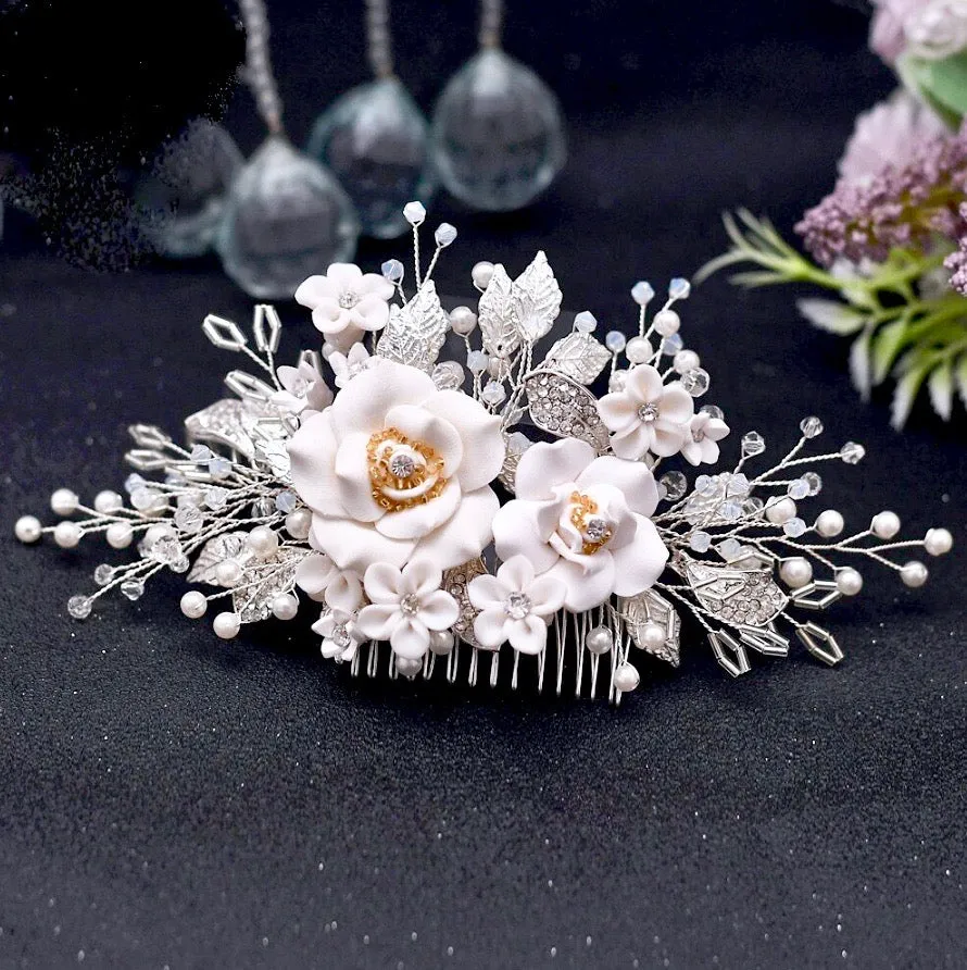 "Eline" - Ceramic Flower Bridal Hair Comb