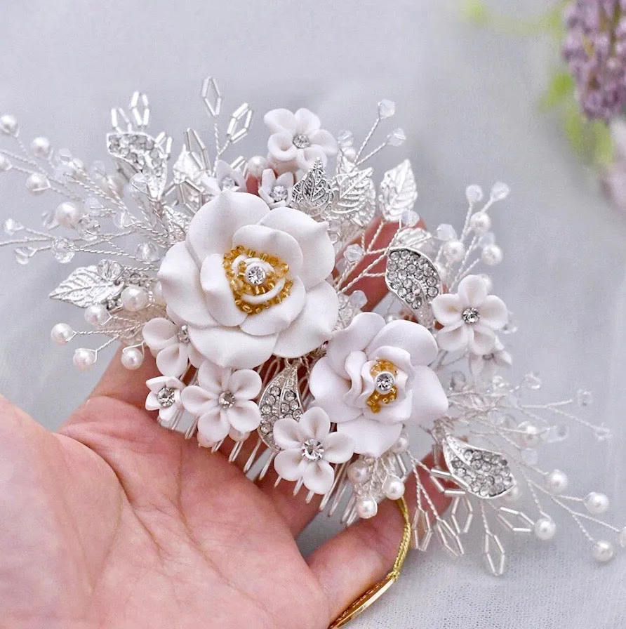 "Eline" - Ceramic Flower Bridal Hair Comb