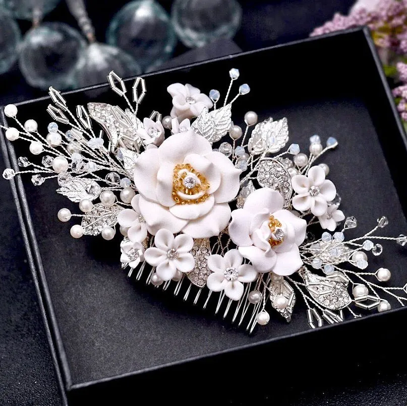 "Eline" - Ceramic Flower Bridal Hair Comb