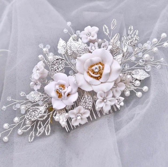 "Eline" - Ceramic Flower Bridal Hair Comb