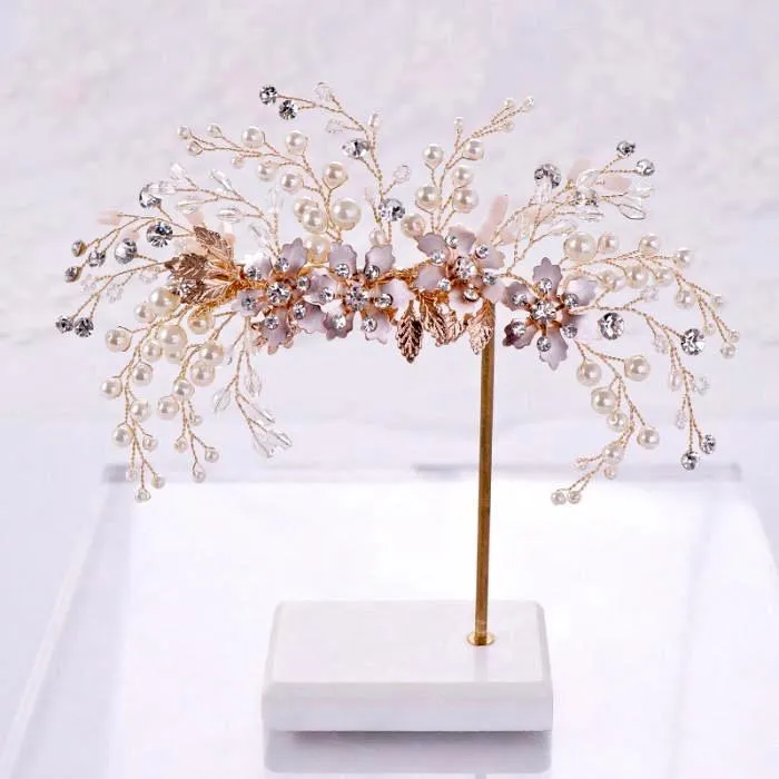 "Fabiola" - Rose Gold Pearl and Crystal Bridal Hair Clip