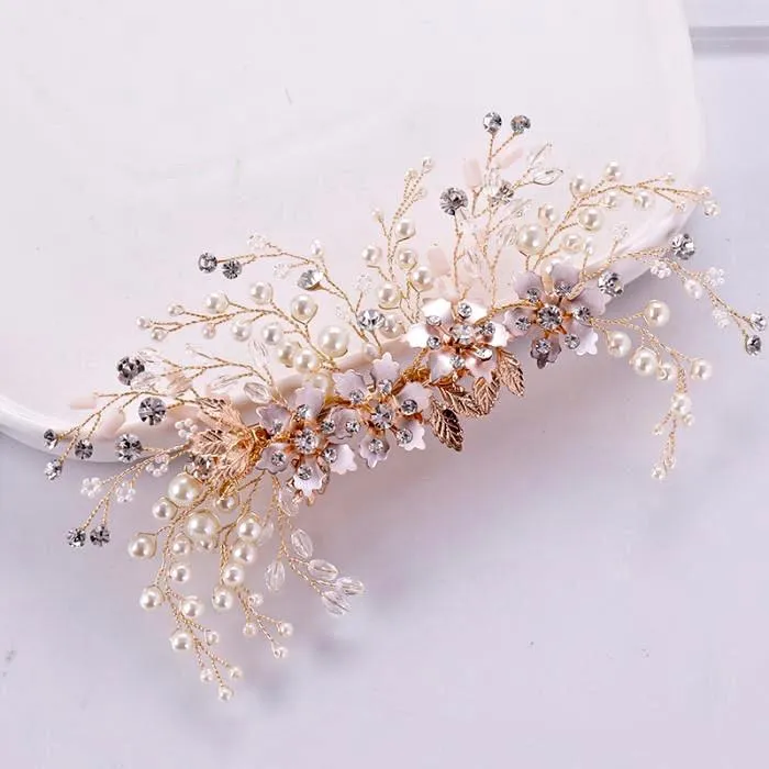 "Fabiola" - Rose Gold Pearl and Crystal Bridal Hair Clip