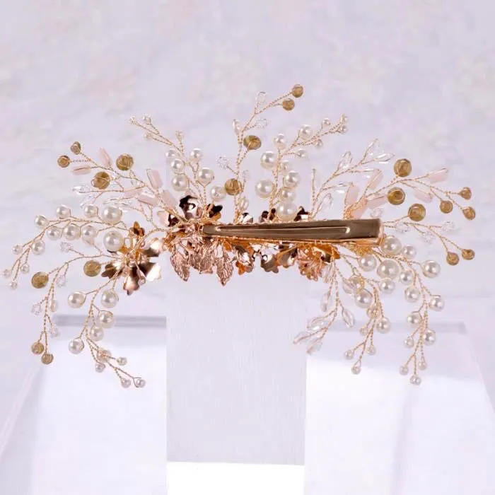 "Fabiola" - Rose Gold Pearl and Crystal Bridal Hair Clip