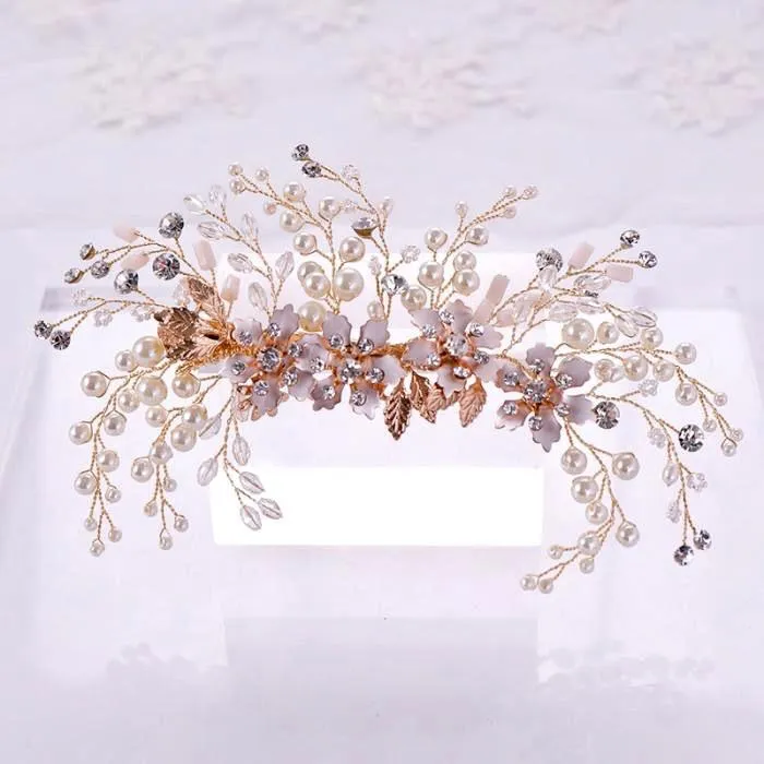 "Fabiola" - Rose Gold Pearl and Crystal Bridal Hair Clip