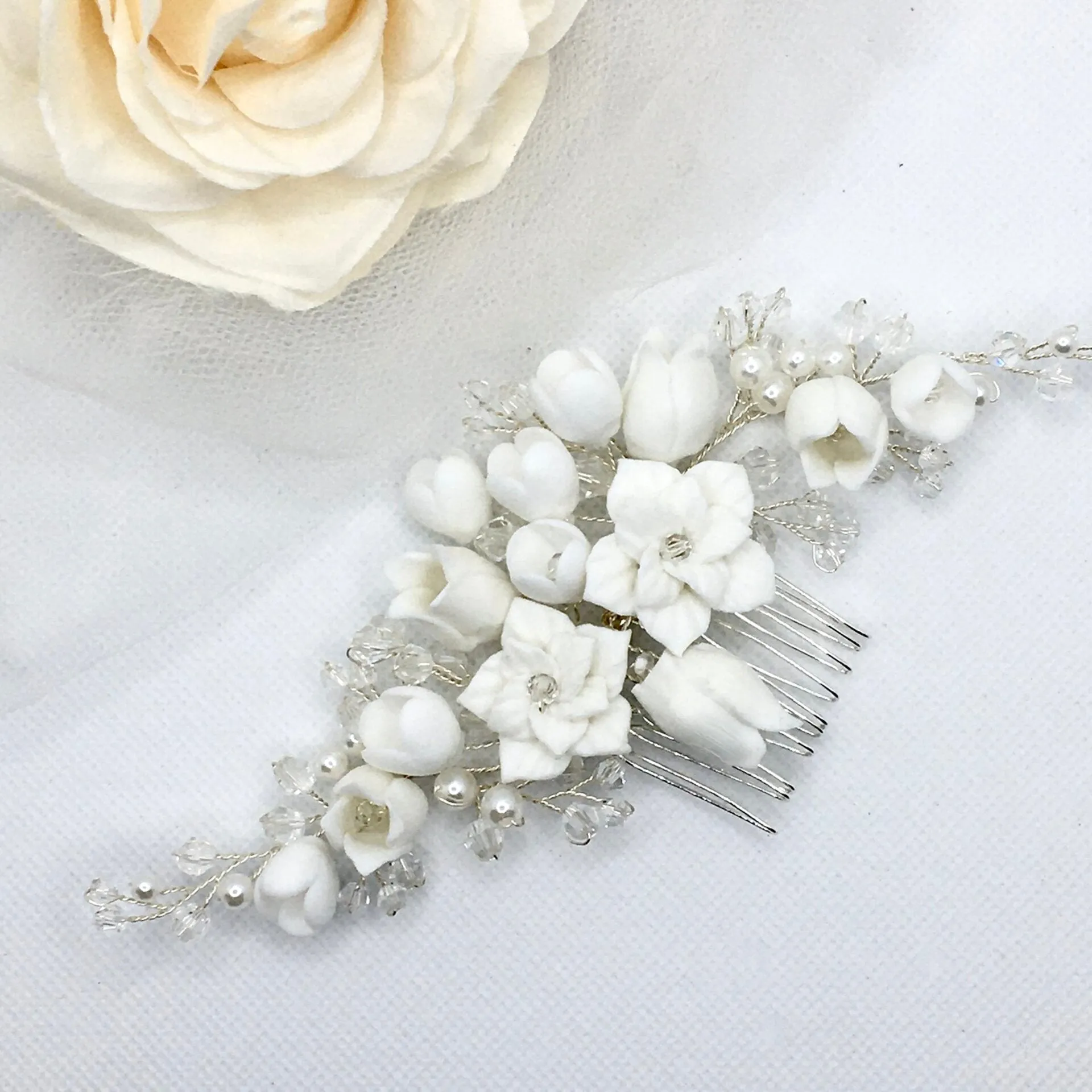 "Karalyn" - Pearl and Ceramic Flowers Bridal Hair Comb - Available in Silver, Rose Gold and Yellow Gold