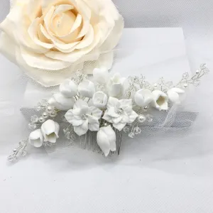 "Karalyn" - Pearl and Ceramic Flowers Bridal Hair Comb - Available in Silver, Rose Gold and Yellow Gold