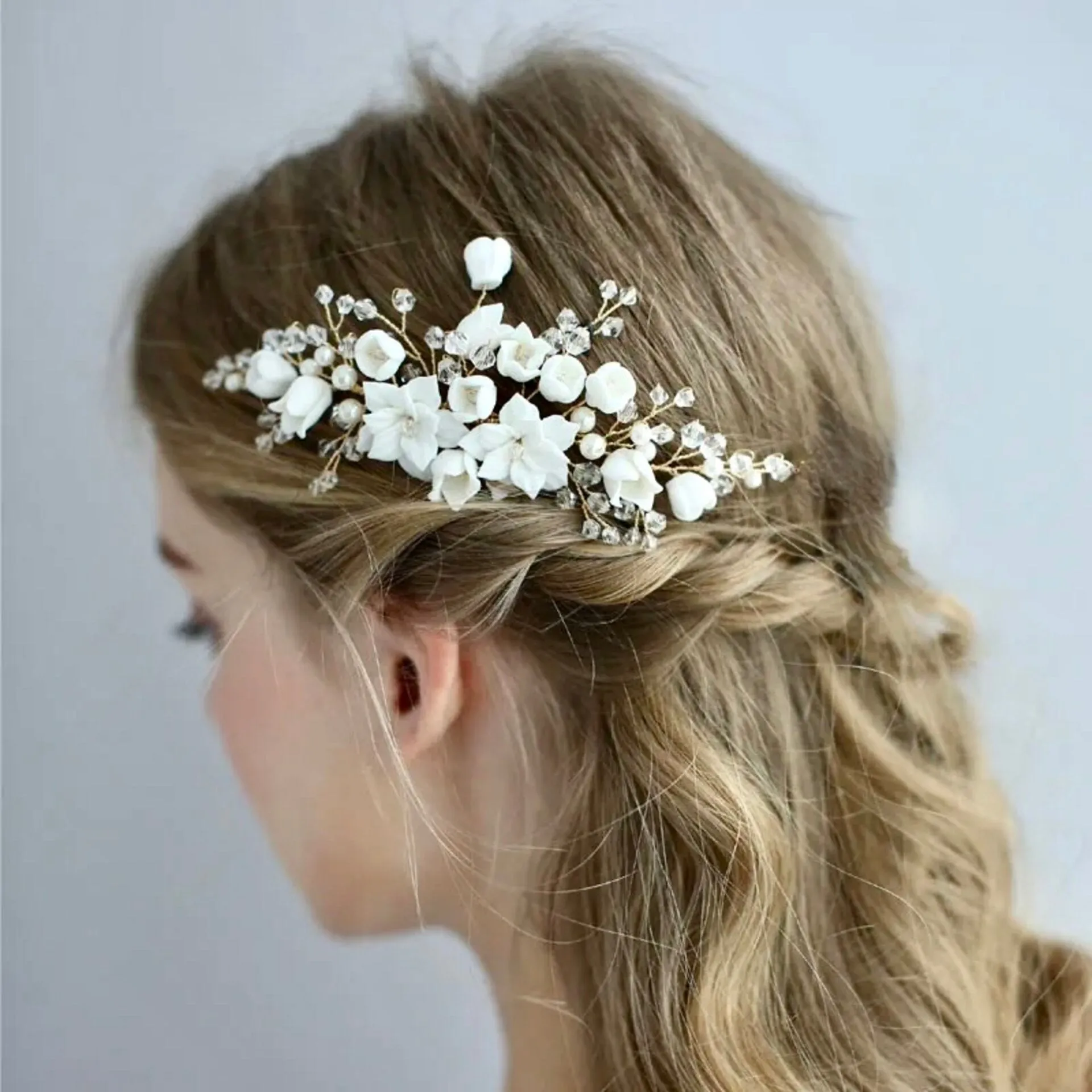 "Karalyn" - Pearl and Ceramic Flowers Bridal Hair Comb - Available in Silver, Rose Gold and Yellow Gold