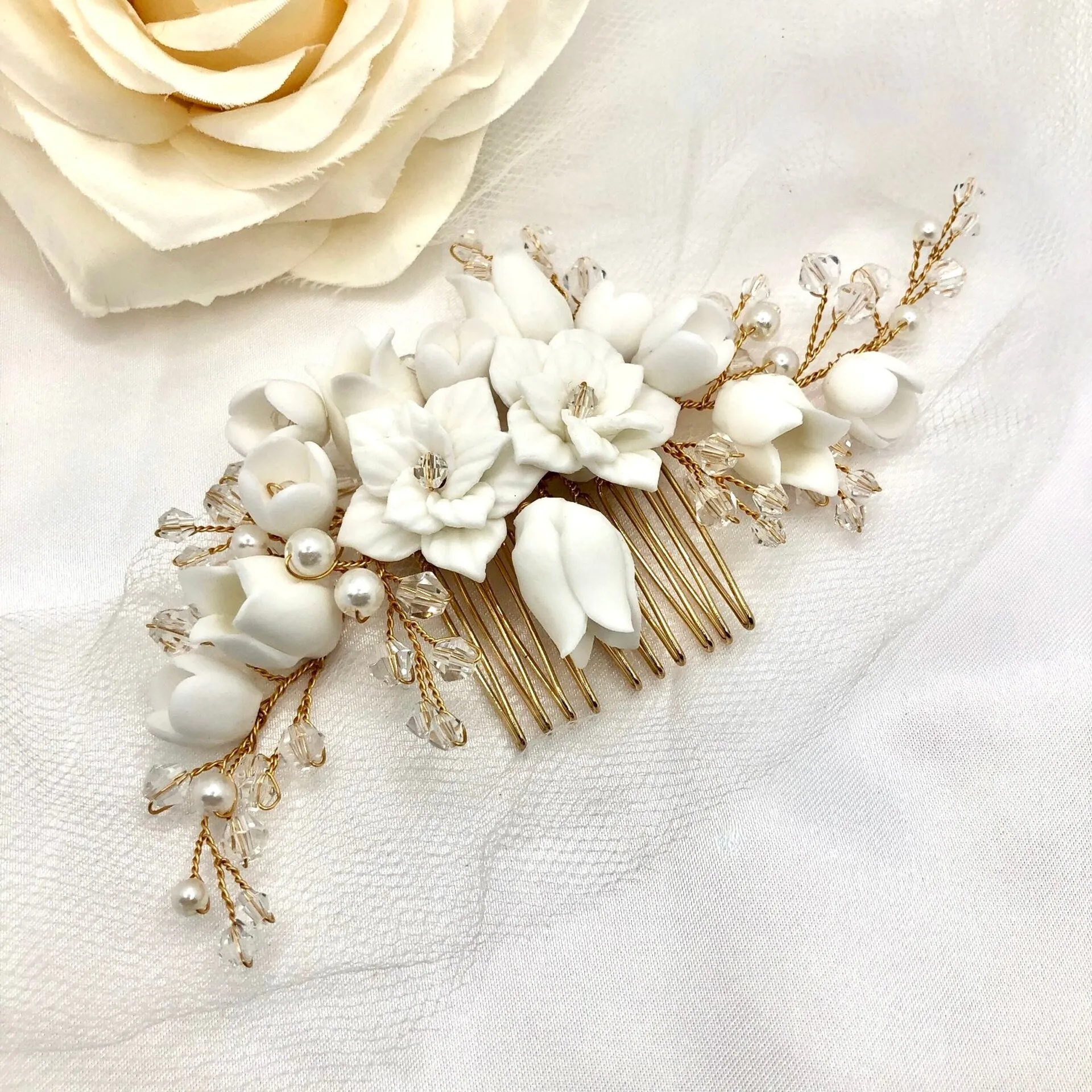 "Karalyn" - Pearl and Ceramic Flowers Bridal Hair Comb - Available in Silver, Rose Gold and Yellow Gold