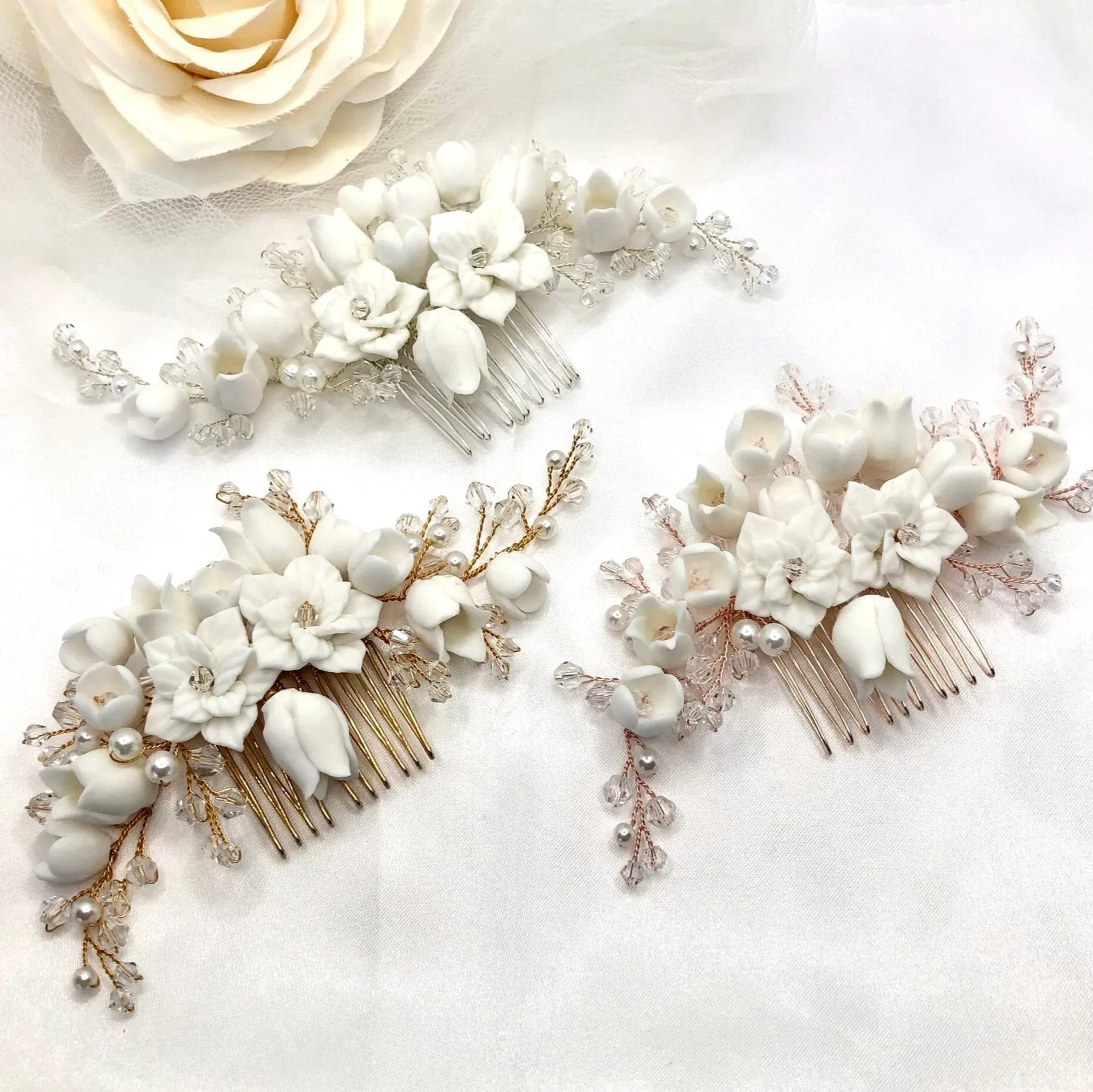 "Karalyn" - Pearl and Ceramic Flowers Bridal Hair Comb - Available in Silver, Rose Gold and Yellow Gold