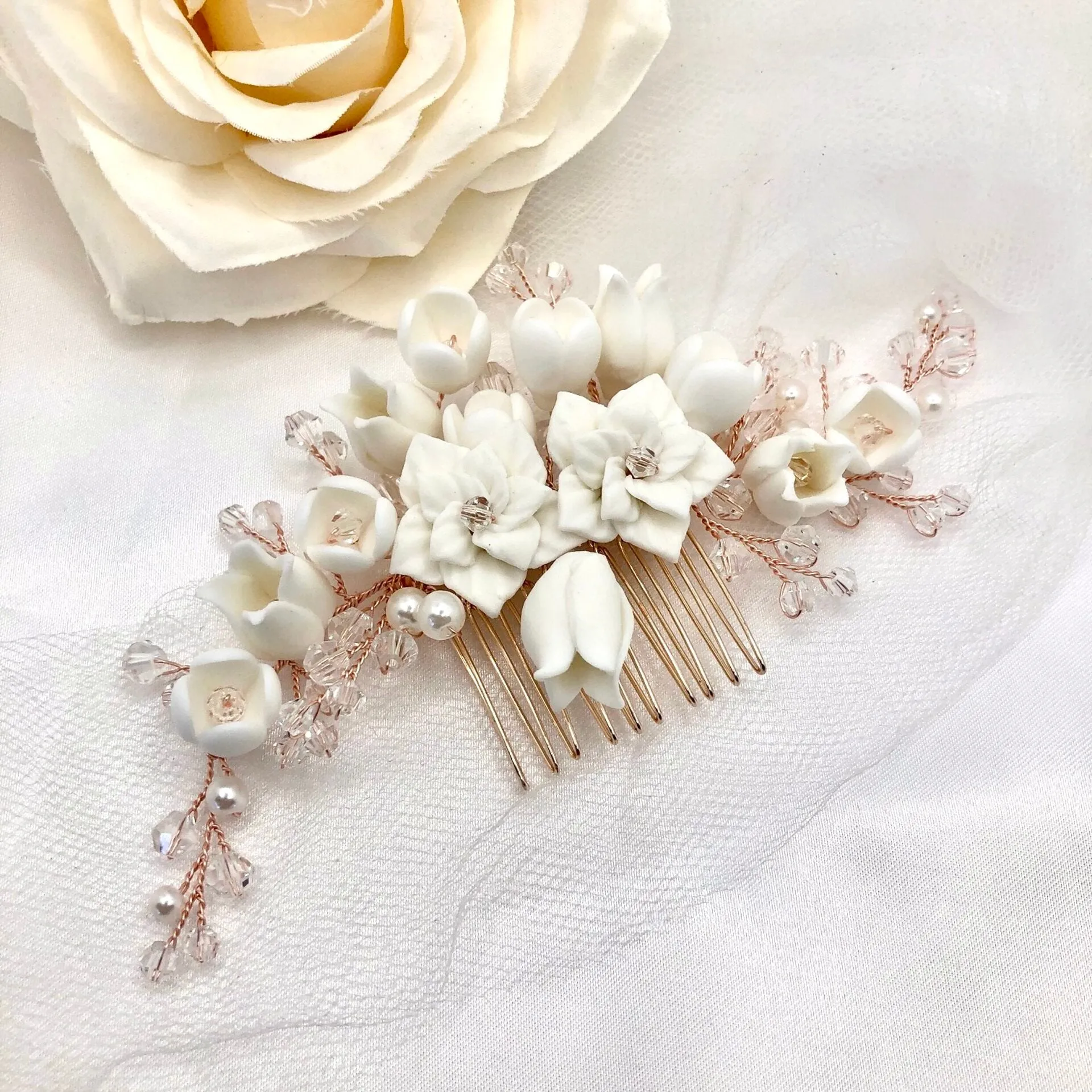 "Karalyn" - Pearl and Ceramic Flowers Bridal Hair Comb - Available in Silver, Rose Gold and Yellow Gold