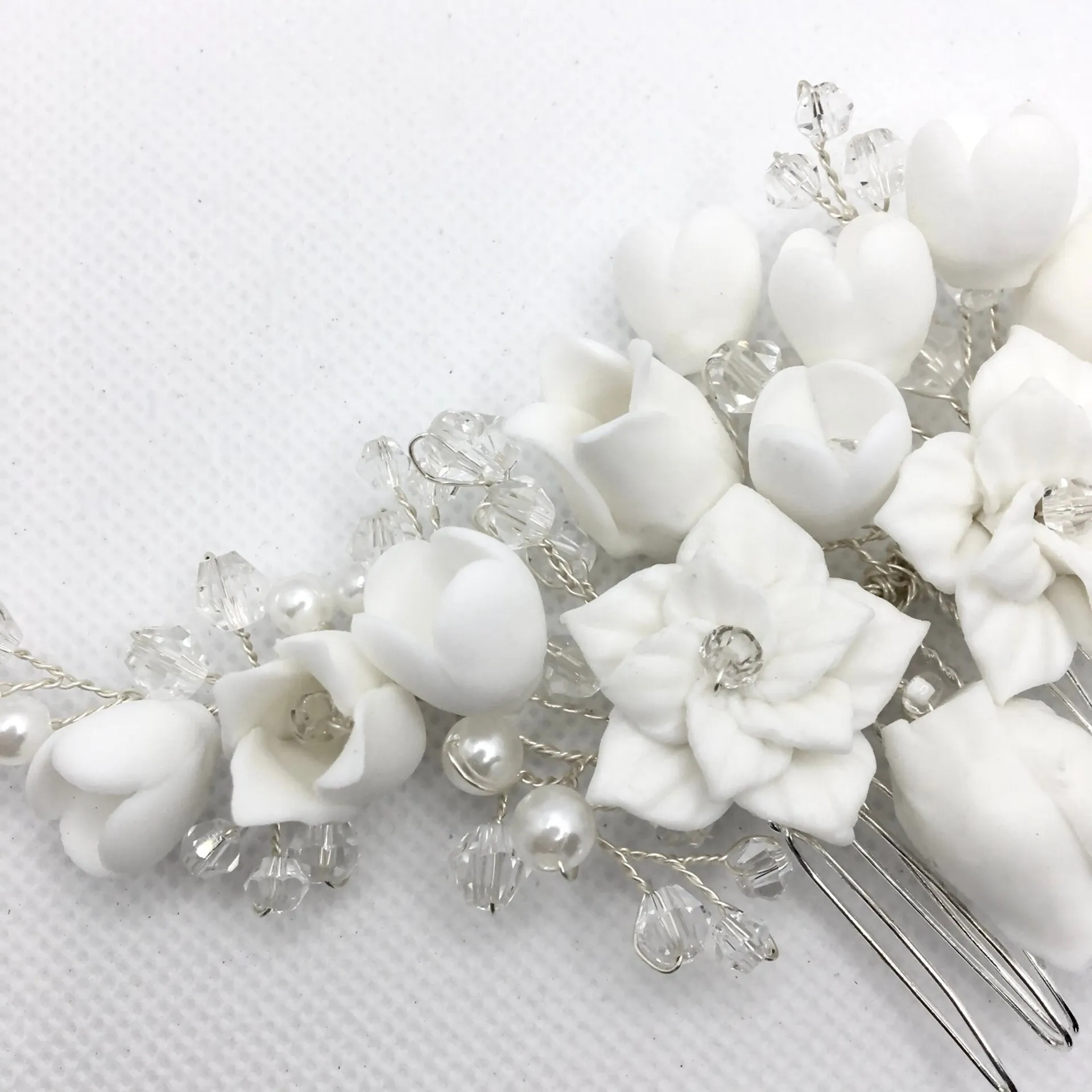 "Karalyn" - Pearl and Ceramic Flowers Bridal Hair Comb - Available in Silver, Rose Gold and Yellow Gold