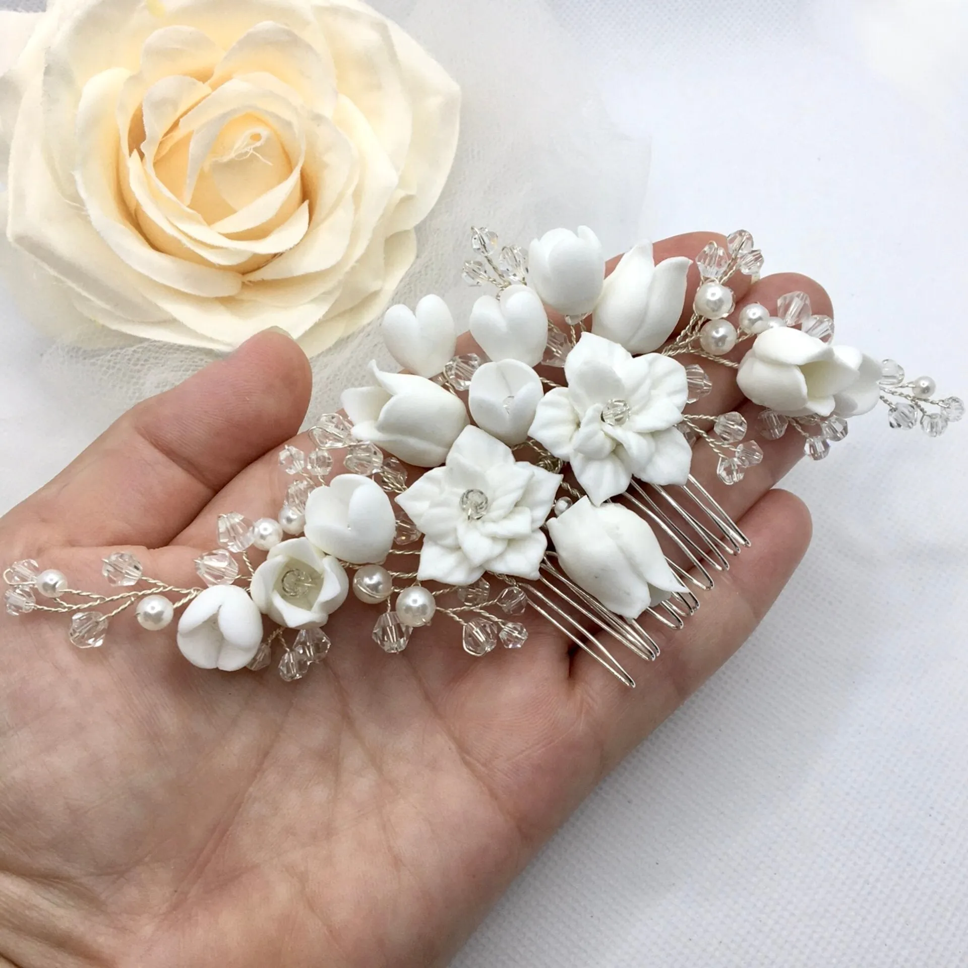 "Karalyn" - Pearl and Ceramic Flowers Bridal Hair Comb - Available in Silver, Rose Gold and Yellow Gold