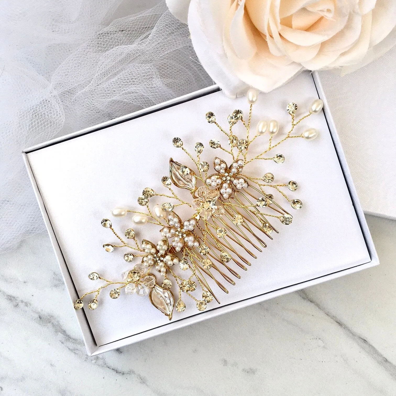 "Lucinda" - Pearl Bridal Hair Comb - Available in Silver, Yellow Gold and Rose Gold