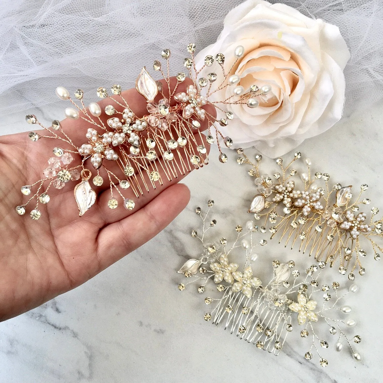 "Lucinda" - Pearl Bridal Hair Comb - Available in Silver, Yellow Gold and Rose Gold
