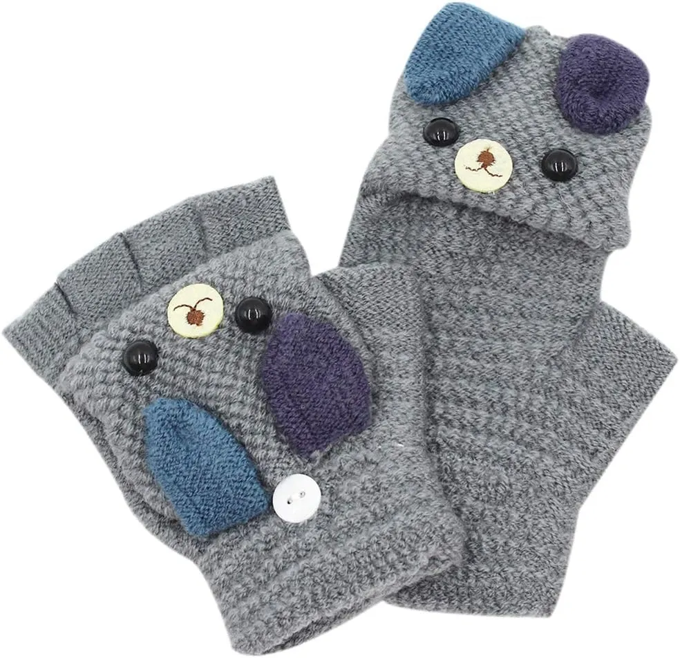 RARITYUS Unisex Warm Soft Winter Knit Gloves for Kids Boys Girls Glove with Dog Mittens (2 to 9Y)