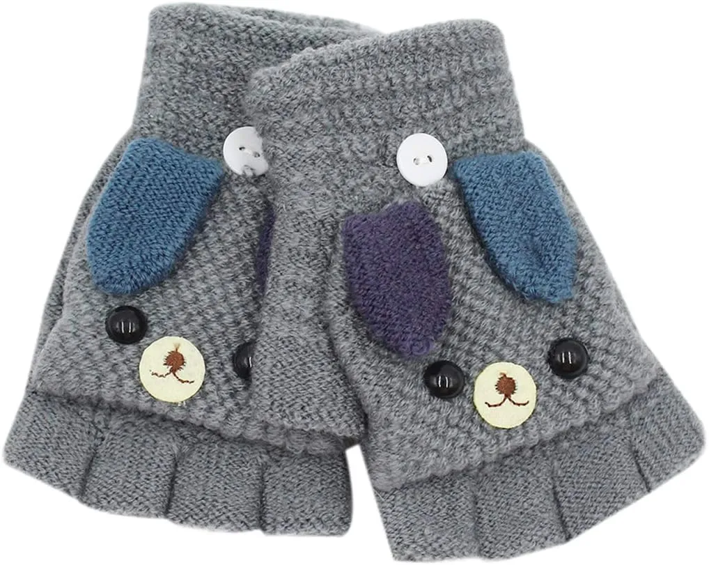 RARITYUS Unisex Warm Soft Winter Knit Gloves for Kids Boys Girls Glove with Dog Mittens (2 to 9Y)