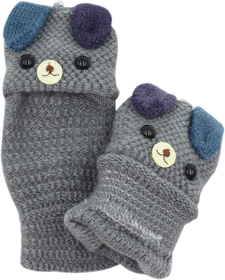 RARITYUS Unisex Warm Soft Winter Knit Gloves for Kids Boys Girls Glove with Dog Mittens (2 to 9Y)