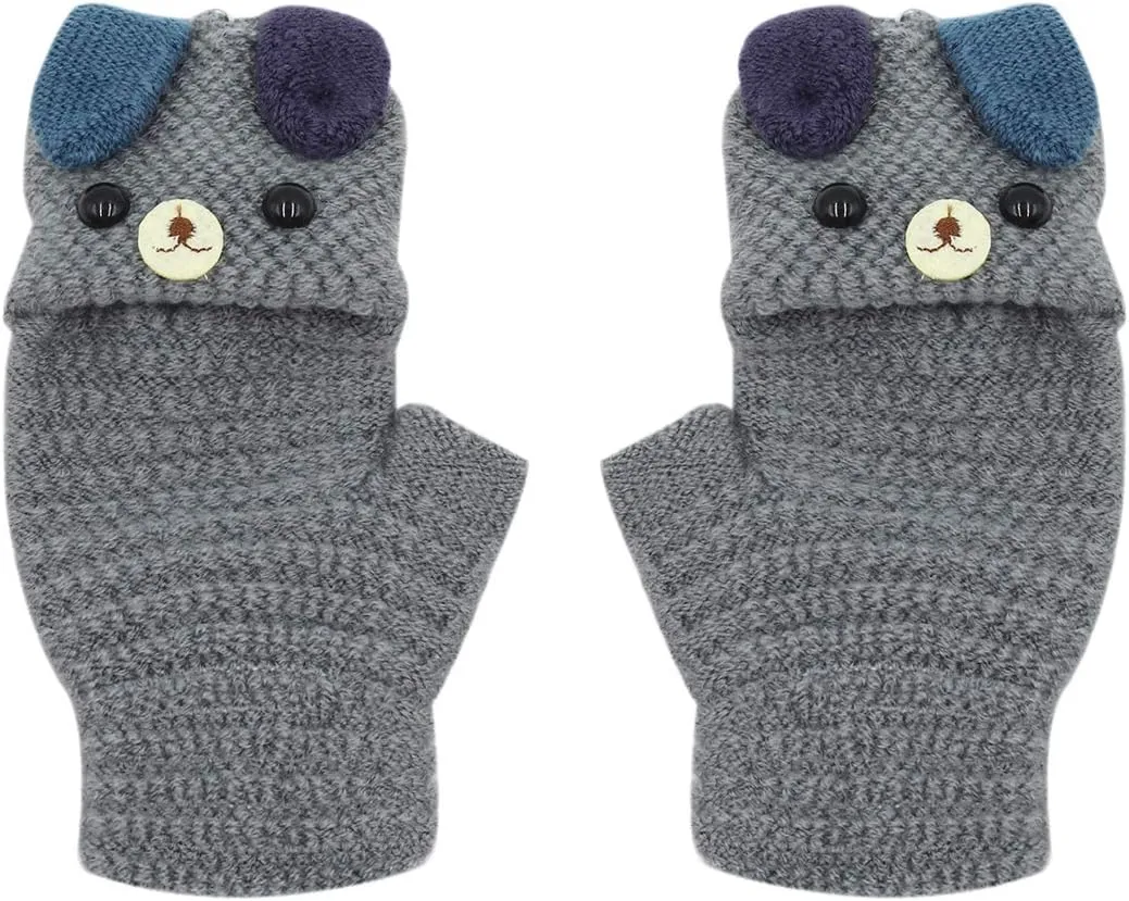 RARITYUS Unisex Warm Soft Winter Knit Gloves for Kids Boys Girls Glove with Dog Mittens (2 to 9Y)