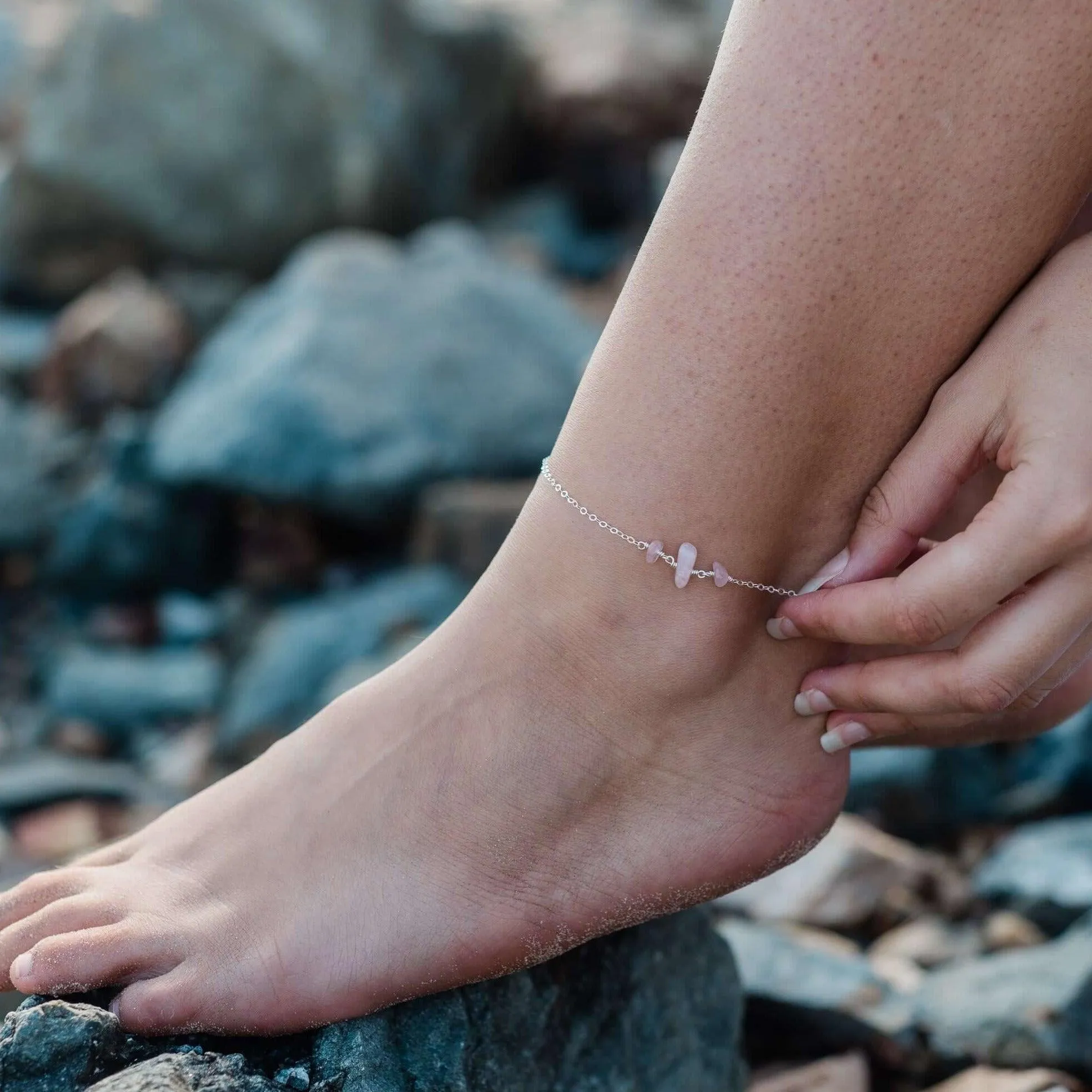 Rose Quartz Beaded Chain Anklet