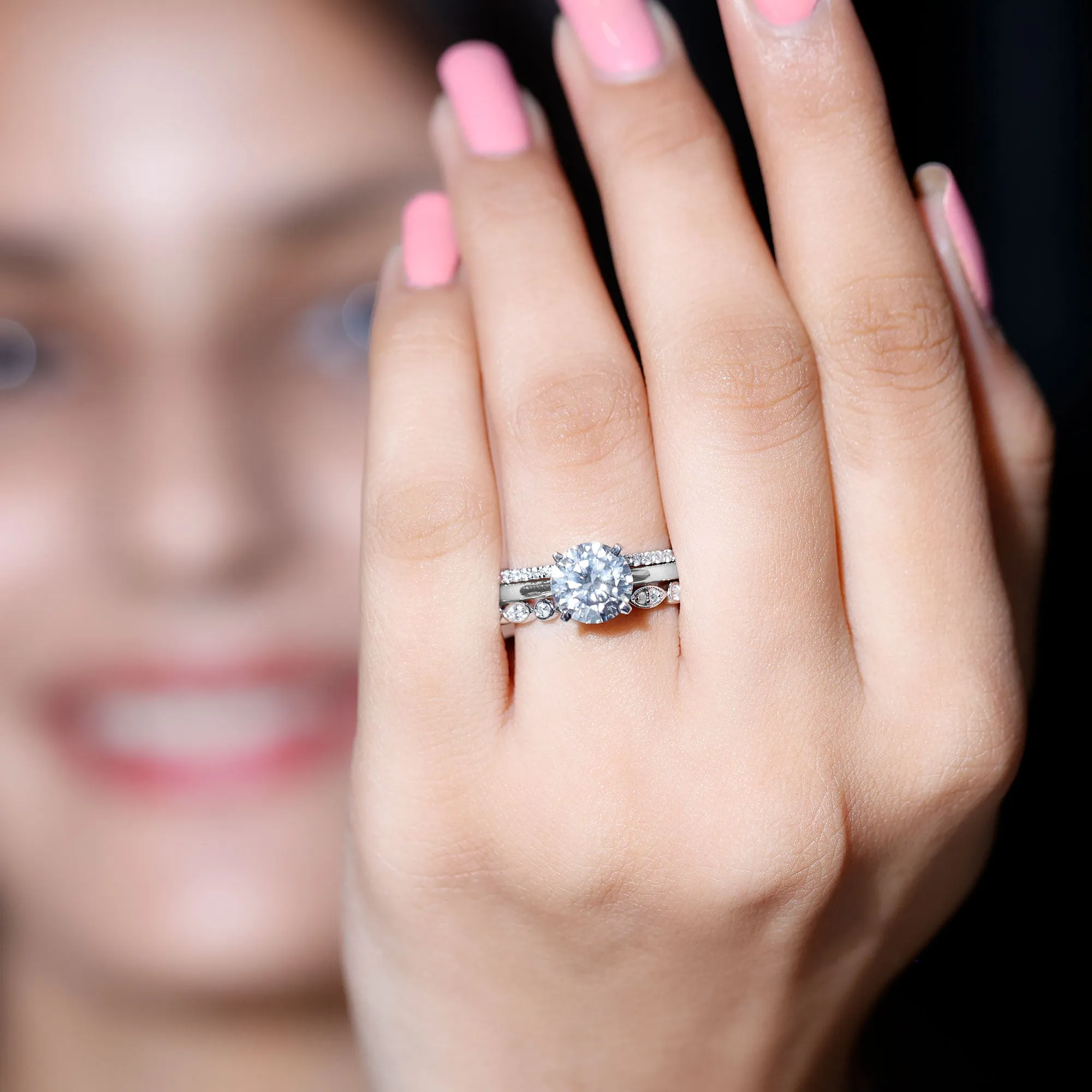 Round shape Solitaire Moissanite Trio Wedding Ring Set