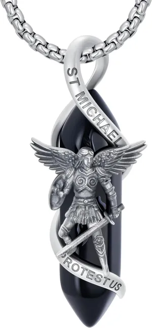 St Michael Necklace 925 Sterling Silver Catholic Archangel Michael Pendant Healing Crystal Point Saint Michael Necklace Amulet Protection Catholic Jewelry for Men Women