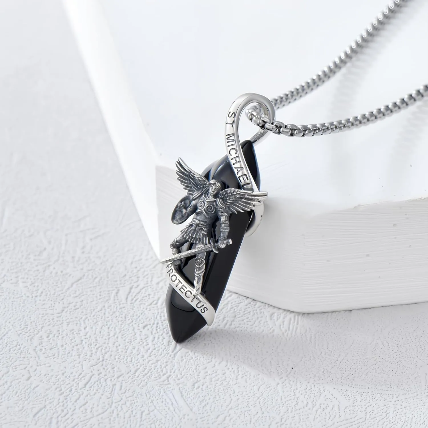 St Michael Necklace 925 Sterling Silver Catholic Archangel Michael Pendant Healing Crystal Point Saint Michael Necklace Amulet Protection Catholic Jewelry for Men Women