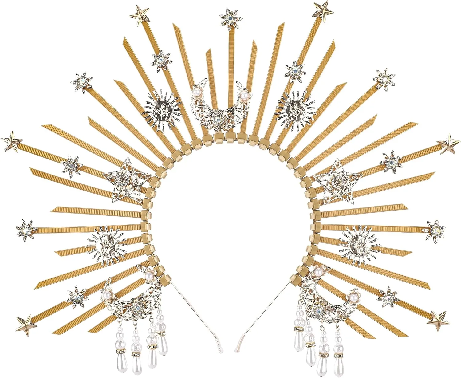 Sunburst Spike Sun Crown - Moon Star Greek Goddess Silver Halo Headband with Tassel, Virgin Mary Headpiece for Women