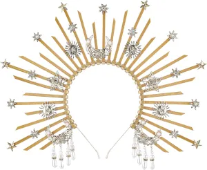 Sunburst Spike Sun Crown - Moon Star Greek Goddess Silver Halo Headband with Tassel, Virgin Mary Headpiece for Women