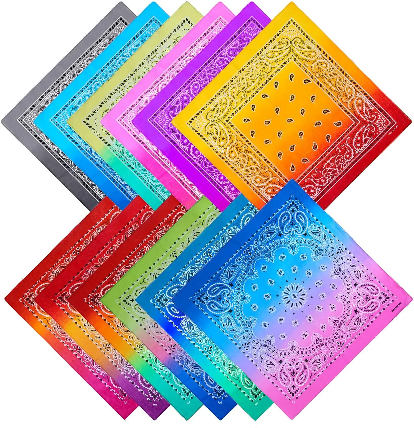 URATOT 12 Pack Novelty Gradient Cotton Bandanas Paisley Print Head Wrap Handkerchief, 2 Style