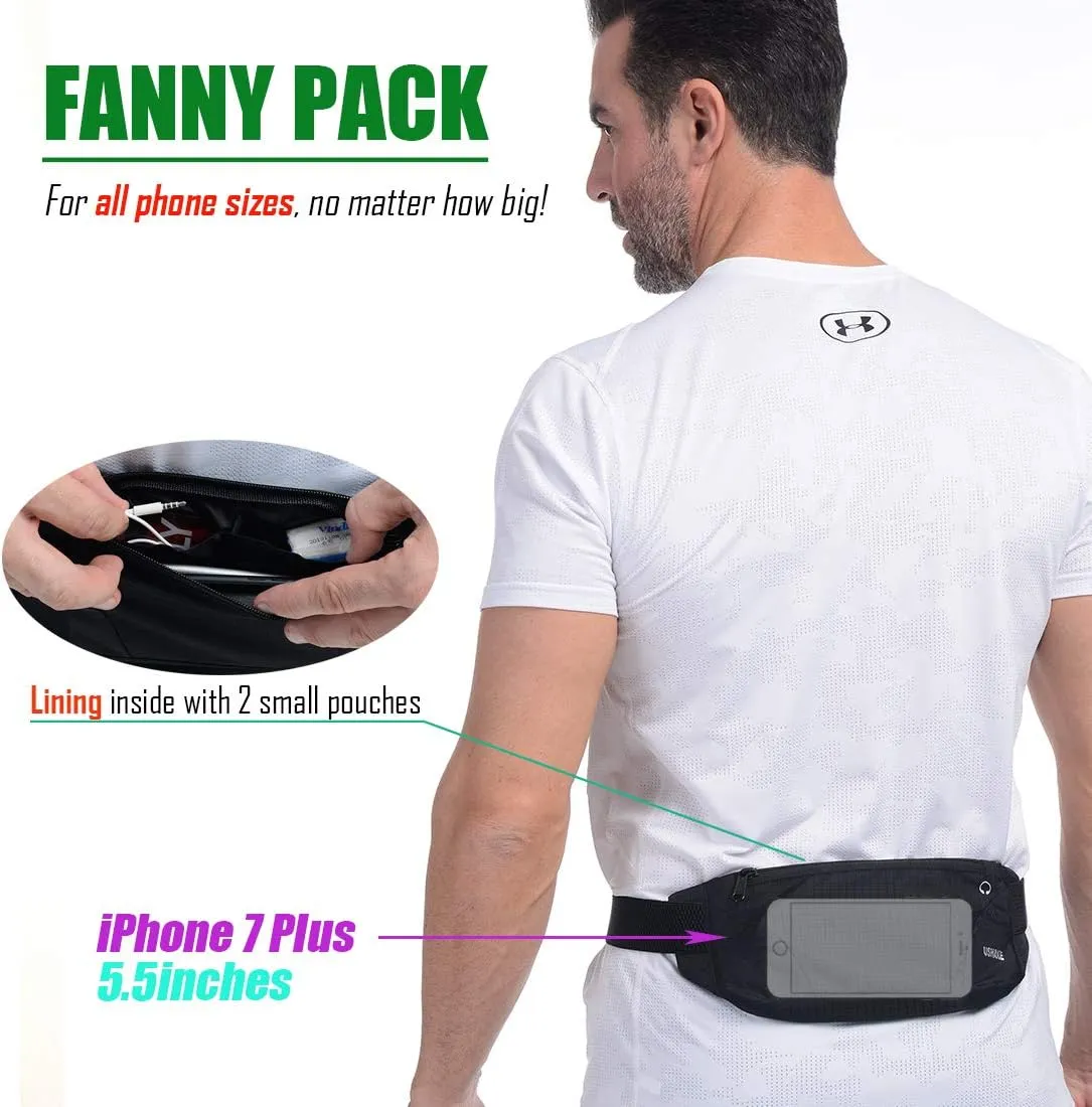 USHAKE Running Belt,Men or Women Ultra Light Bounce Free Waist Pouch Bag Fitness Workout Belt Sport Waist Pack Exercise Waist Bag for iPhone Samsung LG in Running Gym Marathon (BLACK)