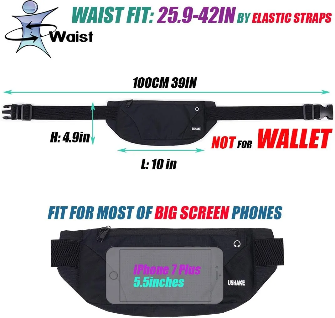 USHAKE Running Belt,Men or Women Ultra Light Bounce Free Waist Pouch Bag Fitness Workout Belt Sport Waist Pack Exercise Waist Bag for iPhone Samsung LG in Running Gym Marathon (BLACK)