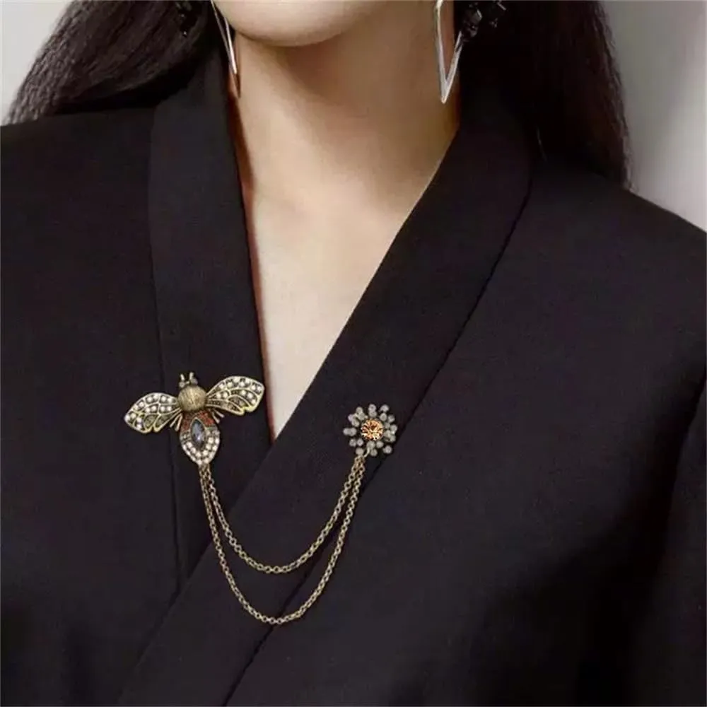 Vintage Honey Bee Brooch Pins For Women Men Cz Crystal Animal Insect Honeybee Lapel Pin Badge Dainty Hanging Tassel Chains Collar Shirt Corsage Hat Scarf Tie Accessories Fashion Birthday Jewelry Gift