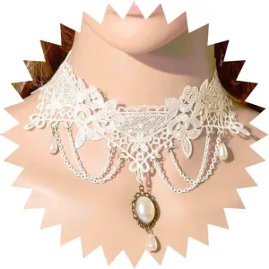 Vintage Lace Choker Necklace White Gothic Lace Pattern Necklace Punk Long Tassel Pearl Beaded Pendant Choker Princess Bridal Lace Lolita Tassel Lace Necklace Jewelry for Women and Girls