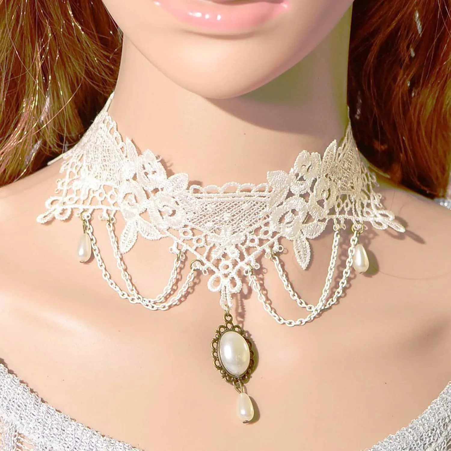 Vintage Lace Choker Necklace White Gothic Lace Pattern Necklace Punk Long Tassel Pearl Beaded Pendant Choker Princess Bridal Lace Lolita Tassel Lace Necklace Jewelry for Women and Girls