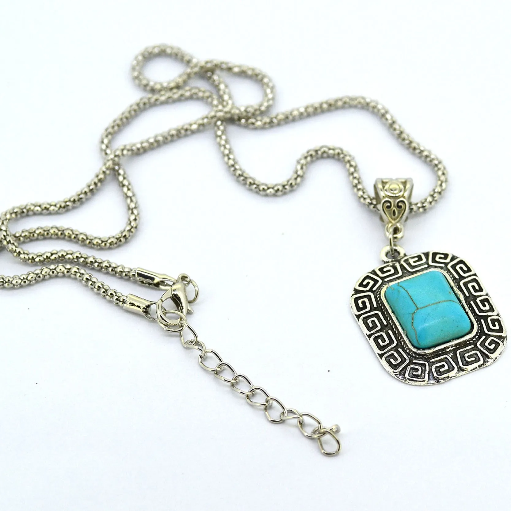 Vintage Tibetan Round Turquoise Statement Necklace Square Silver Color Jewelry Collares for Women Gift Fine Jewelry