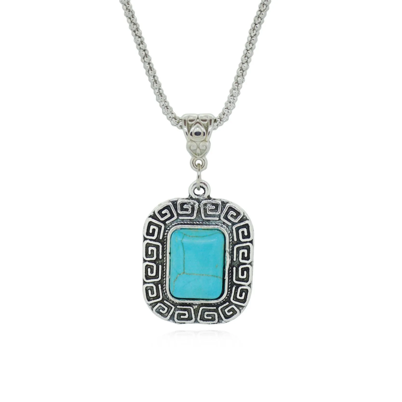 Vintage Tibetan Round Turquoise Statement Necklace Square Silver Color Jewelry Collares for Women Gift Fine Jewelry
