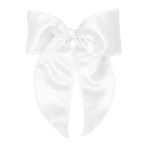 Wee Ones Girls' Satin Bowtie with Twisted Wrap and Whimsy Tails on a WeeStay Hair Clip, King, White