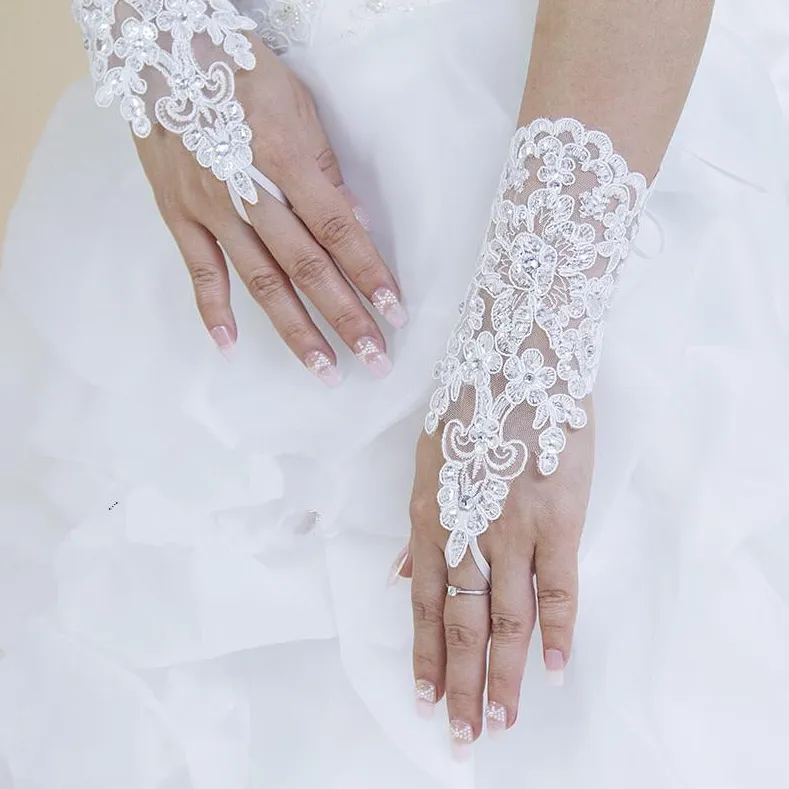 White Embellished Lace Fingerless Bridal Gloves