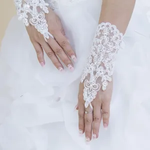 White Embellished Lace Fingerless Bridal Gloves