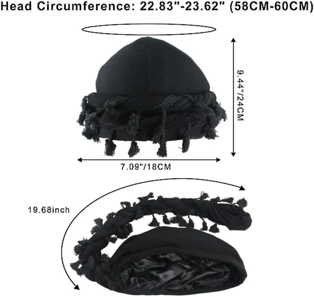 YuMENo Turban for Men Women Vintage Twist Durag Head Wraps Satin Lined Halo Turban with Tassel Waves Braids